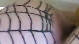 Girl drops a huge shit through fishnet stockings