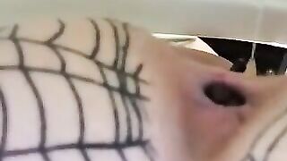 Woman in a fishnet stocking lets a cock fuck her ass in a bathtub