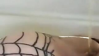 Girl in stockings squats and takes a huge shit in her panties