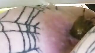 Chubby slut takes a shit in her fishnet stockings