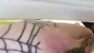 Chubby slut takes a shit in her fishnet stockings