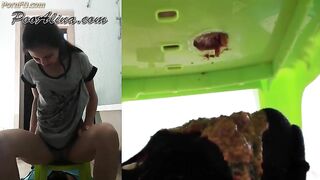 Dirty Asian girl pooping on slave