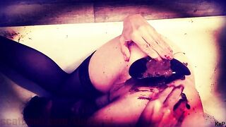 Eating and playing with her sticky shit