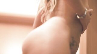 Slim blonde bends over from seductive poop