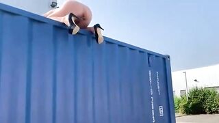Naked girl poops on the container