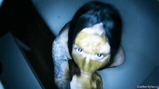 Sexy brunette babe sucking cock while smearing