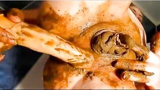 Dirty horny slut masturbates with shit