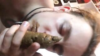 Woman eats huge shit out of bowl while being fucked