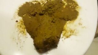 Cute blonde busty babe smearing shit