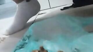 A blonde babe sits on the toilet and takes a massive shit