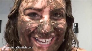 Chubby lady rubs shits on her pretty face