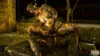 Dirty nylon babe fun in cow shit