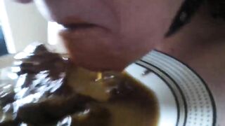 Kinky busty eating heavy shit