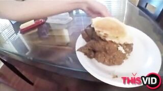 Naked hot chick making poop burger