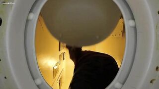 Shaved pussy lady poops heavily in the toilet