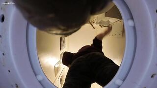 Shaved pussy lady poops heavily in the toilet