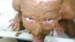 Poop covered blonde girl sucking cock