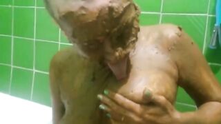 Poop covered blonde girl sucking cock