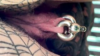 Woman with heavy jewelry pegged and taking a shit