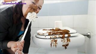 Slut eats her shit from toilet brush