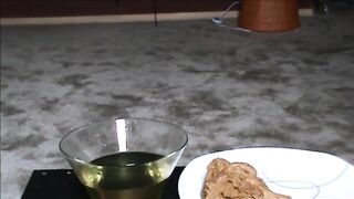 Fat hairy woman piss on a glass and shit