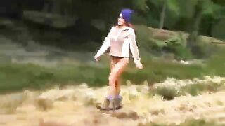 Girl with pierced clit pooping on the slide