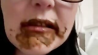 Nerdy lady eating shit