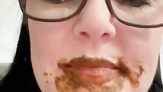 Nerdy lady eating shit
