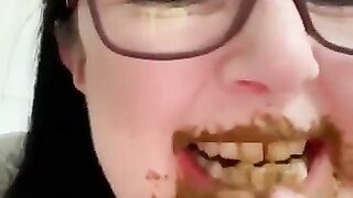 Nerdy lady eating shit