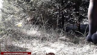 Yummy brunette lady eating shit in the woods