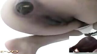 Smooth shaved pussy lady poops POV