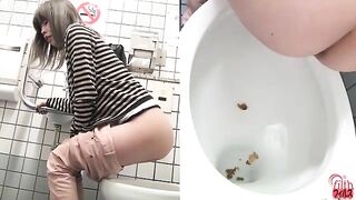 Cute brunette babe messy poop in the toilet
