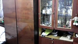 Cute brunette teen girl poops in the kitchen