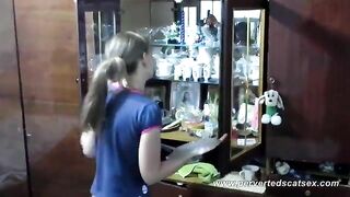 Cute brunette teen girl poops in the kitchen