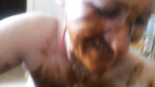 Busty milf covered in shit give scat blowjob