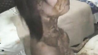 Asian sexy slut gives scat blowjob