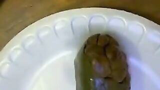 Gorgeous blonde lady pooping on the plate