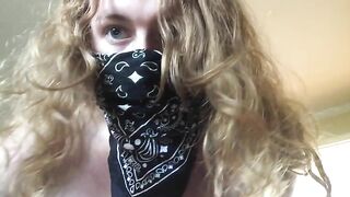 Pretty blonde babe in mask teasing and poop pov