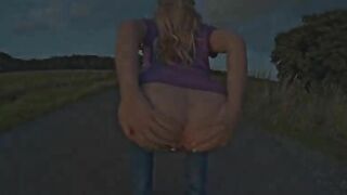Lovely girl with sexy ass pooping on the road