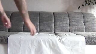 German lady poops a fat sausage on the bed