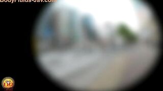 Girl in high boots pooping closeup