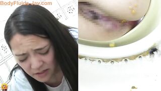 Cute brunette gal and messy poop in the toilet