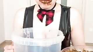 Busty slut eating shit