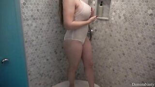 Beautiful busty goddess poops on the slave