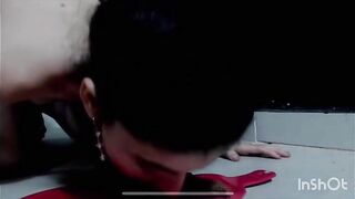 Lady eats and licks shit off the floor