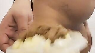 Babe eats raw shit from a cup