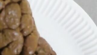 Smooth pink pussy girl pooping closeup