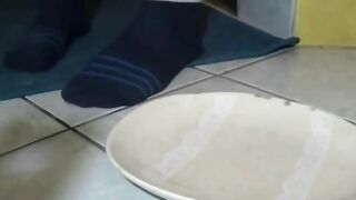 Blonde babe drops a shit on a plate