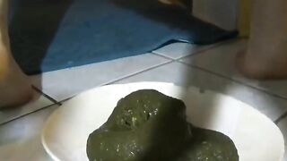 Blonde babe drops a shit on a plate
