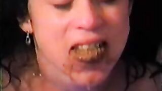 Slutty naked lady eating shit